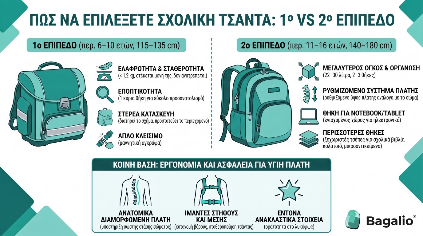 Ινφογράφημα: Σύγκριση σχολικών τσαντών για το δημοτικό και το γυμνάσιο.