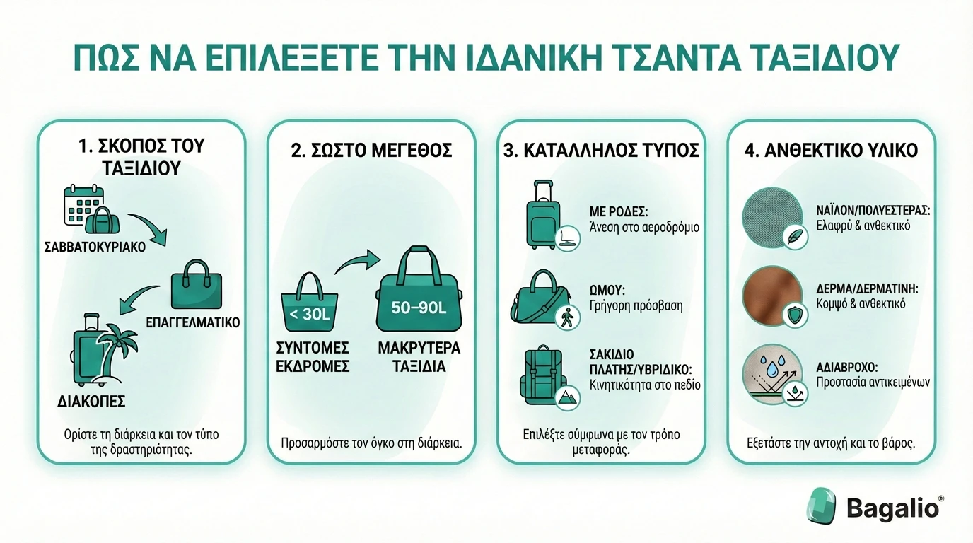 Ινφογράφημα: 4 βήματα για να επιλέξετε την ιδανική τσάντα ταξιδιού ανάλογα με τον σκοπό, το μέγεθος, τον τύπο και το υλικό.