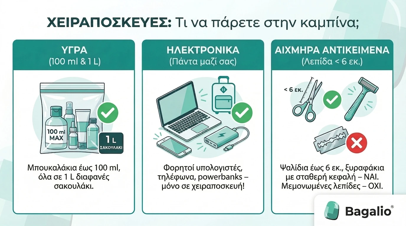 Ινφογράφημα: τι να πάρετε στη χειραποσκευή – κανόνες για υγρά, ηλεκτρονικά και αιχμηρά αντικείμενα