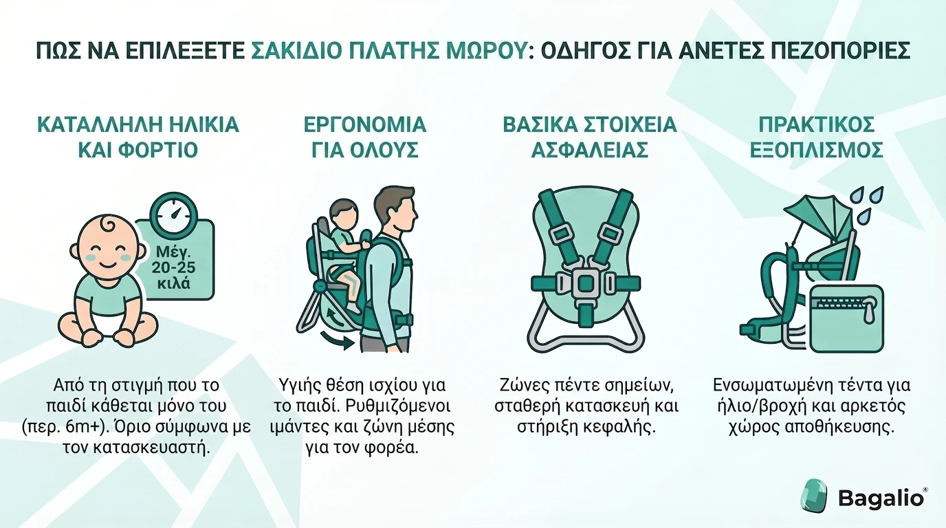 Ενημερωτικό γράφημα με συμβουλές για το πώς να επιλέξετε το σωστό μάρσιπο μεταφοράς μωρού: τύποι μάρσιπων, ρύθμιση των ιμάντων και ασφαλής θέση του παιδιού.