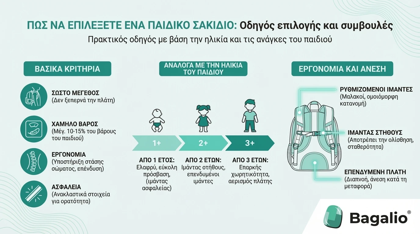 Ινφογράφημα: Πώς να επιλέξετε ένα παιδικό σακίδιο με βάση την ηλικία, την εργονομία και την ασφάλεια.