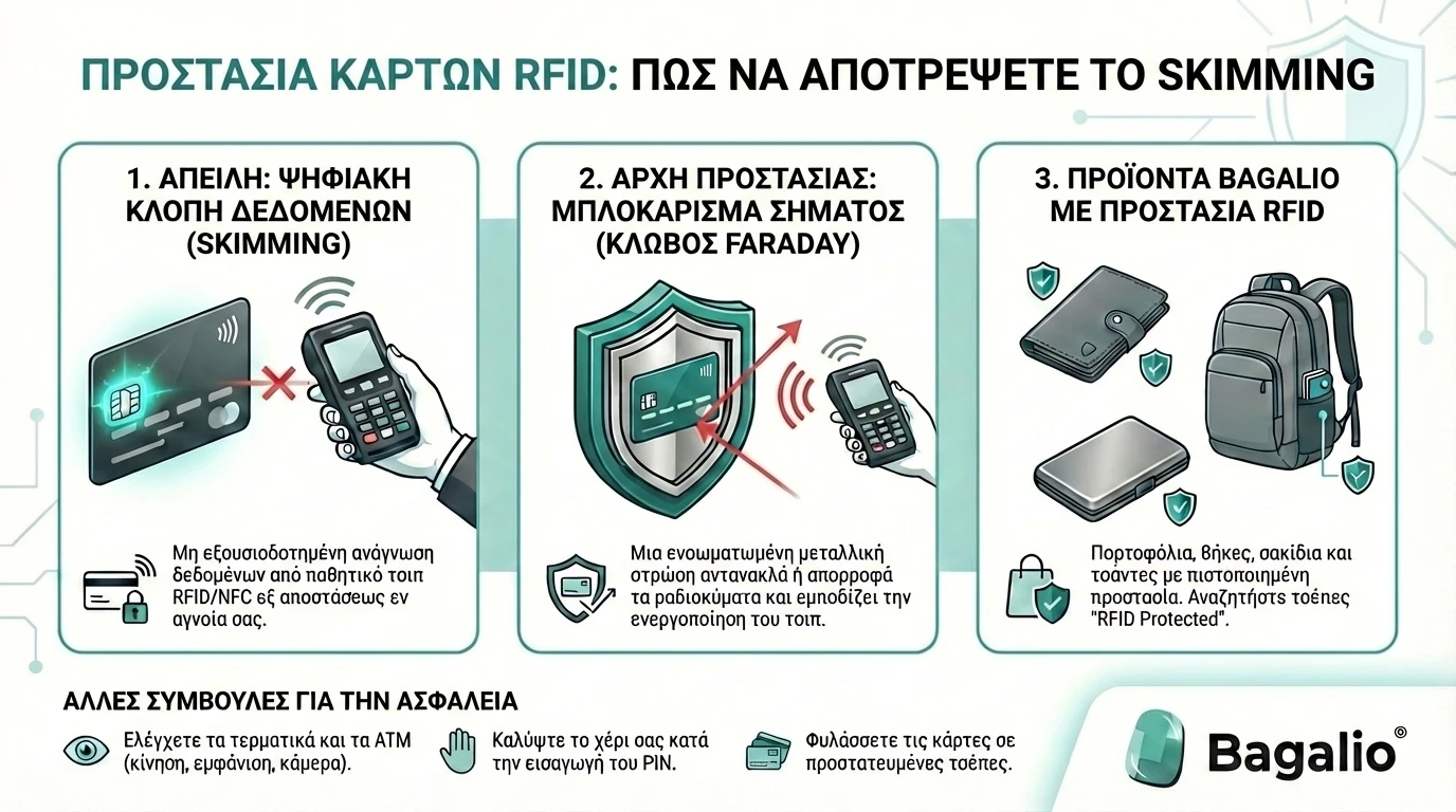 Ενημερωτικό γράφημα για την προστασία καρτών RFID και την αποτροπή του skimming από την Bagalio.