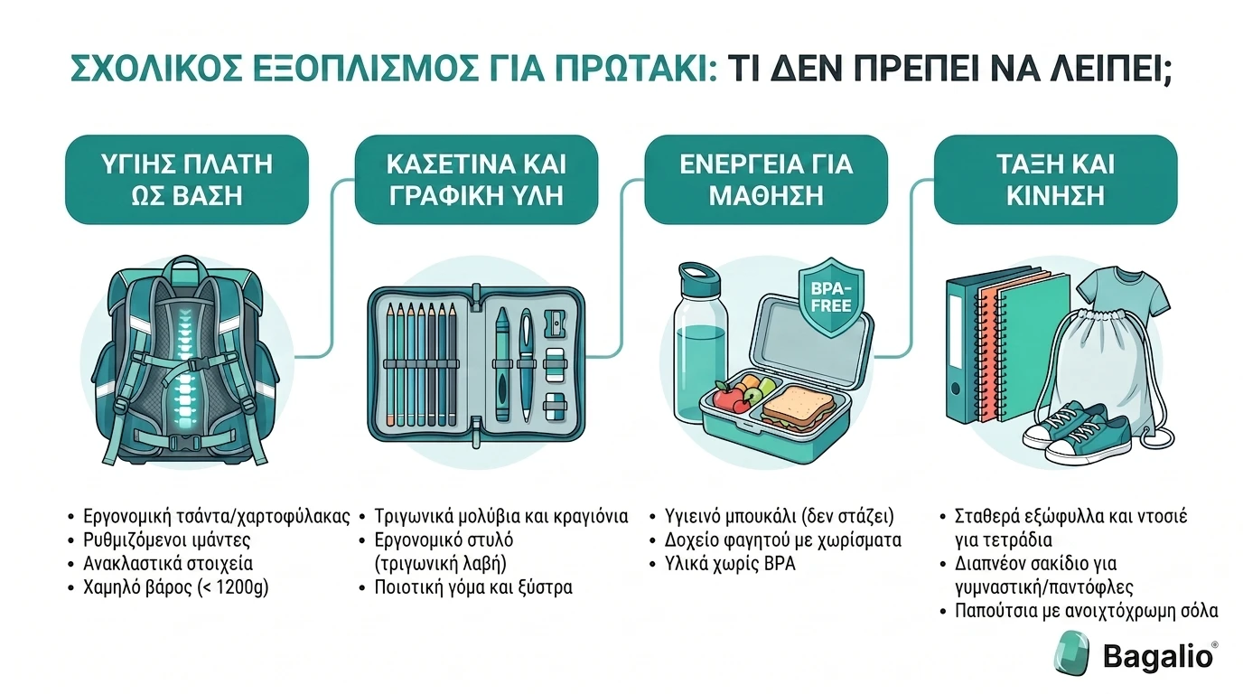 Γραφικό infographic με λίστα σχολικών ειδών για πρωτάκι
