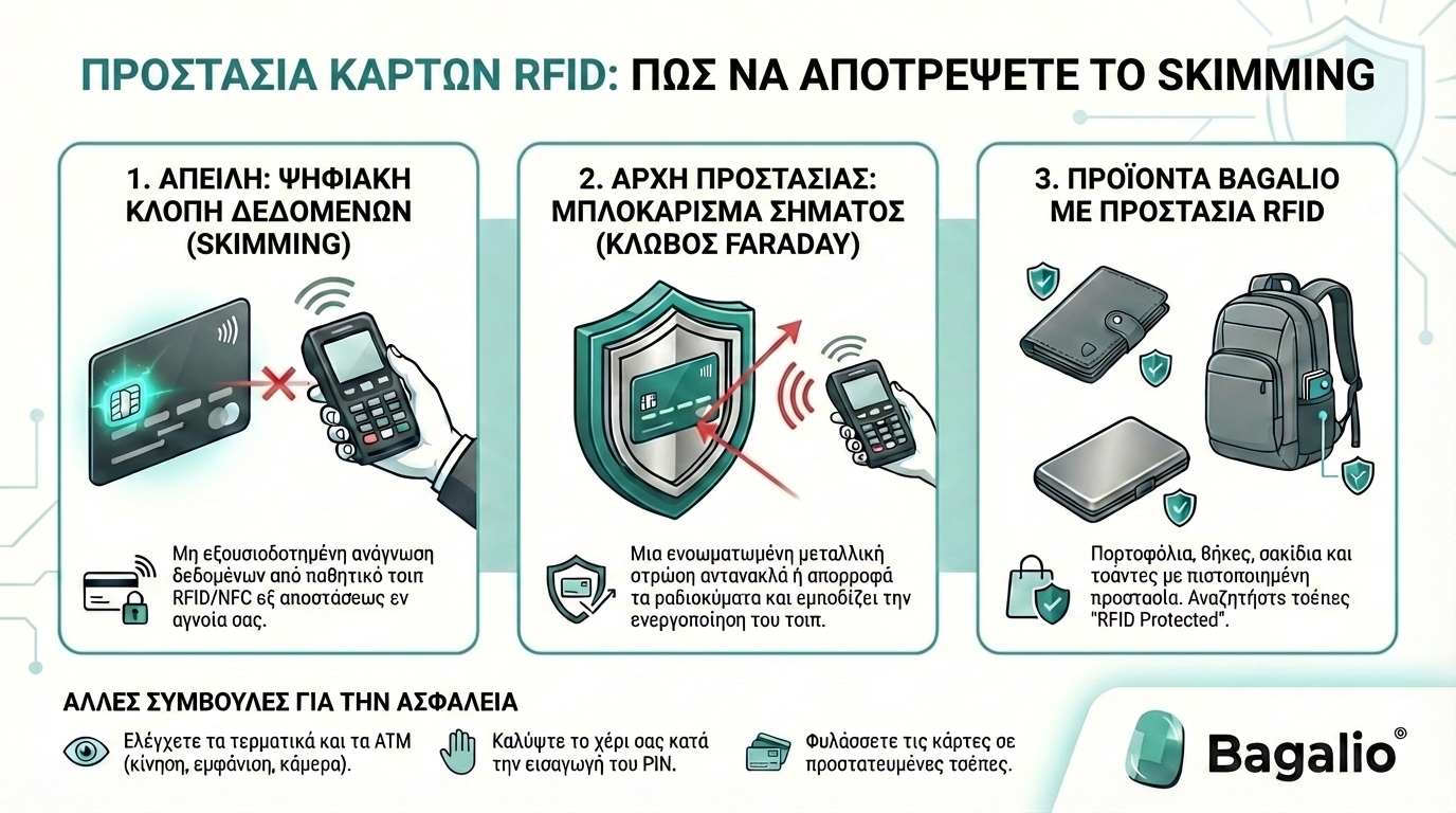 Ενημερωτικό γράφημα για την προστασία καρτών RFID και την αποτροπή του skimming από την Bagalio.