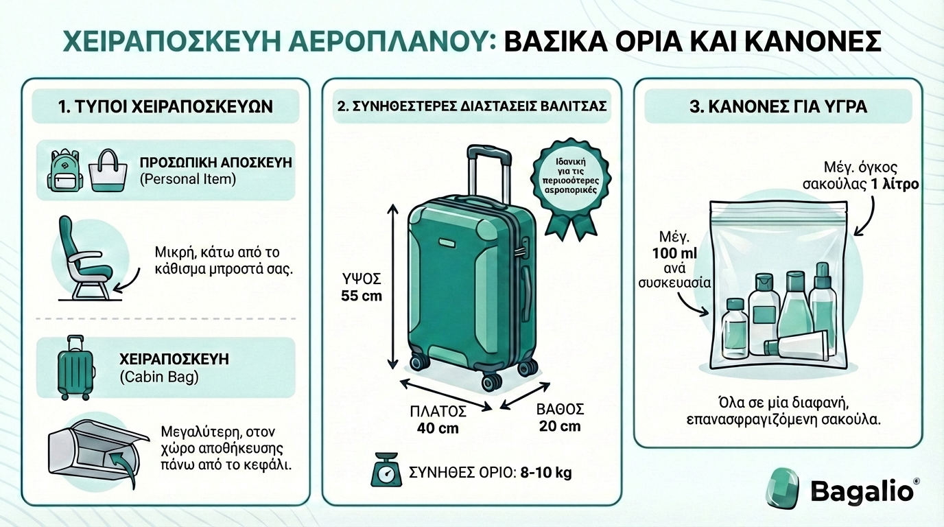 Γράφημα: Διαστάσεις χειραποσκευών και κανόνες για υγρά στο αεροπλάνο.