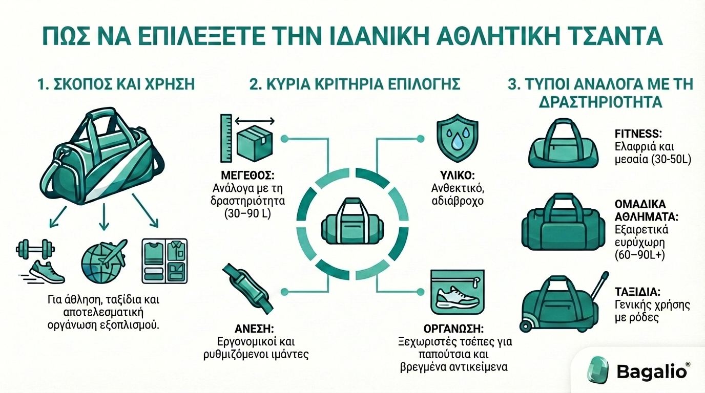 Ινφογράφημα: Πώς να επιλέξετε την ιδανική αθλητική τσάντα ανάλογα με τη χρήση, το μέγεθος και το υλικό.
